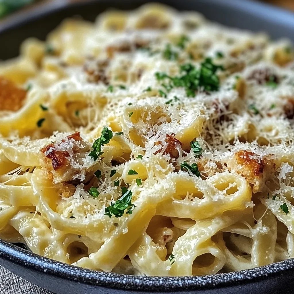 Knuspriger Nudel-Hähnchen-Auflauf mit Knoblauch und Parmesan